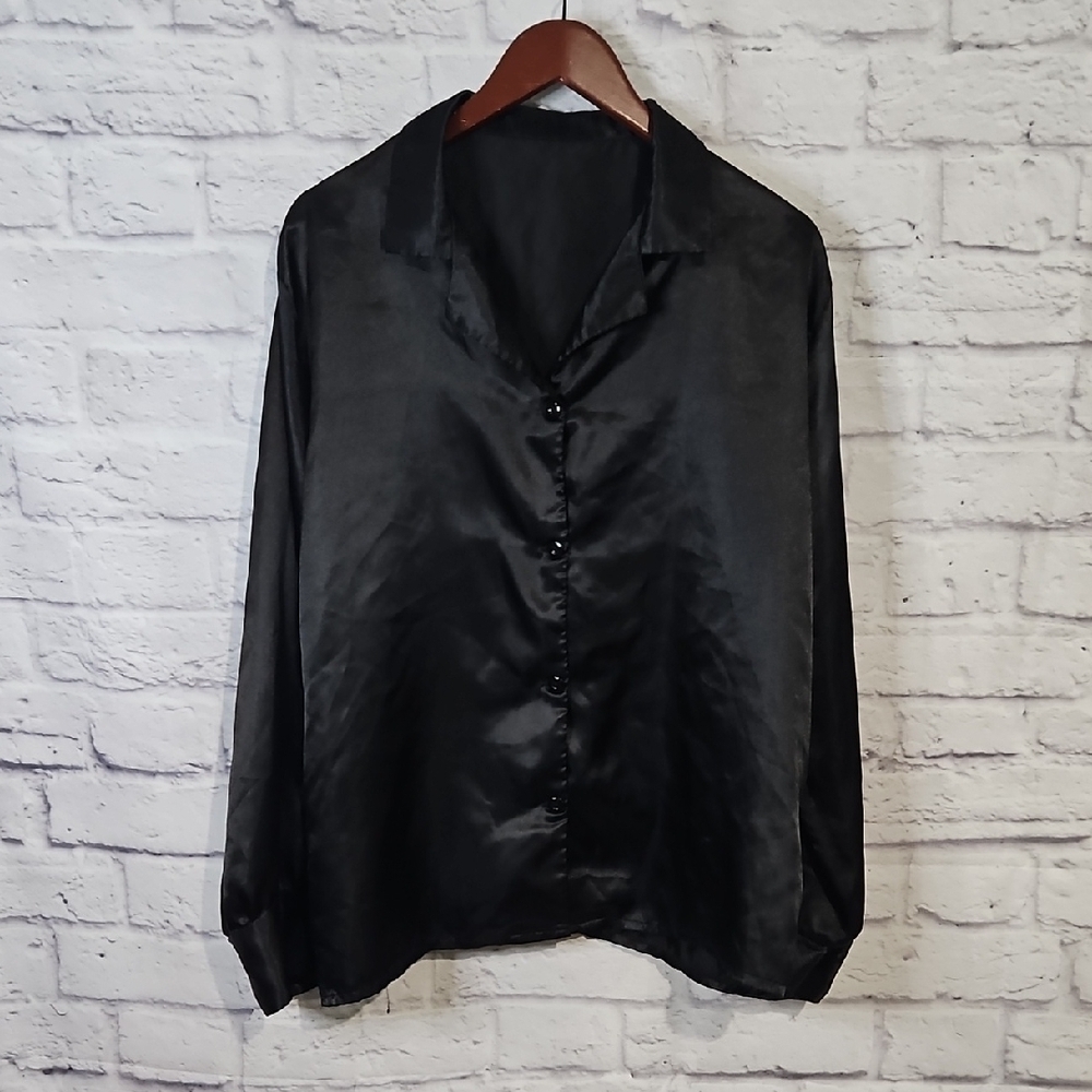 Luxurious Black Satin Button-Up Pajama Top